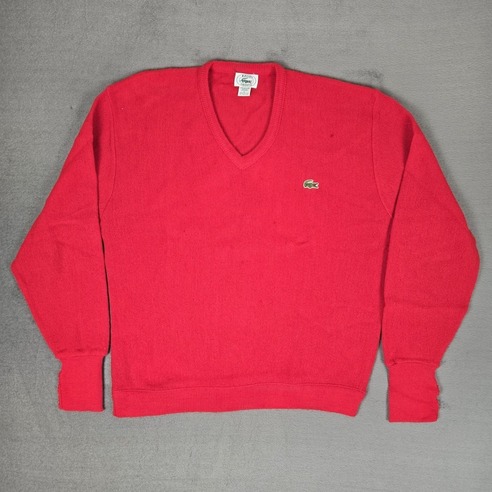 Lacoste Men's V-Neck Sweater in Bright Red with Green Crocodile Logo